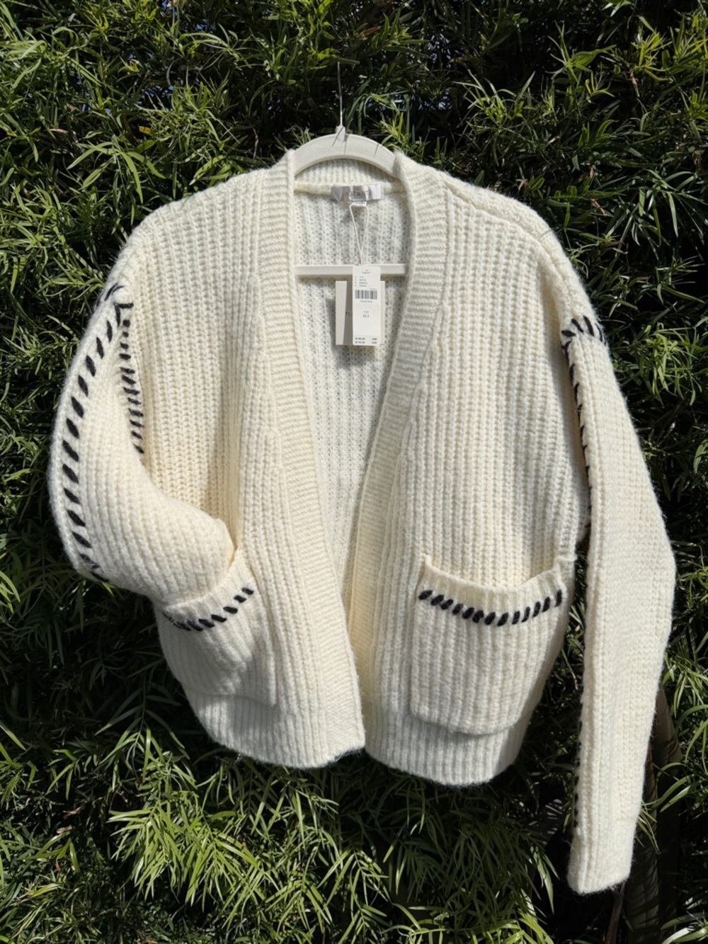 NWT: Anthropologie Cream Open-Front Cardigan with Black Stitch Detailing